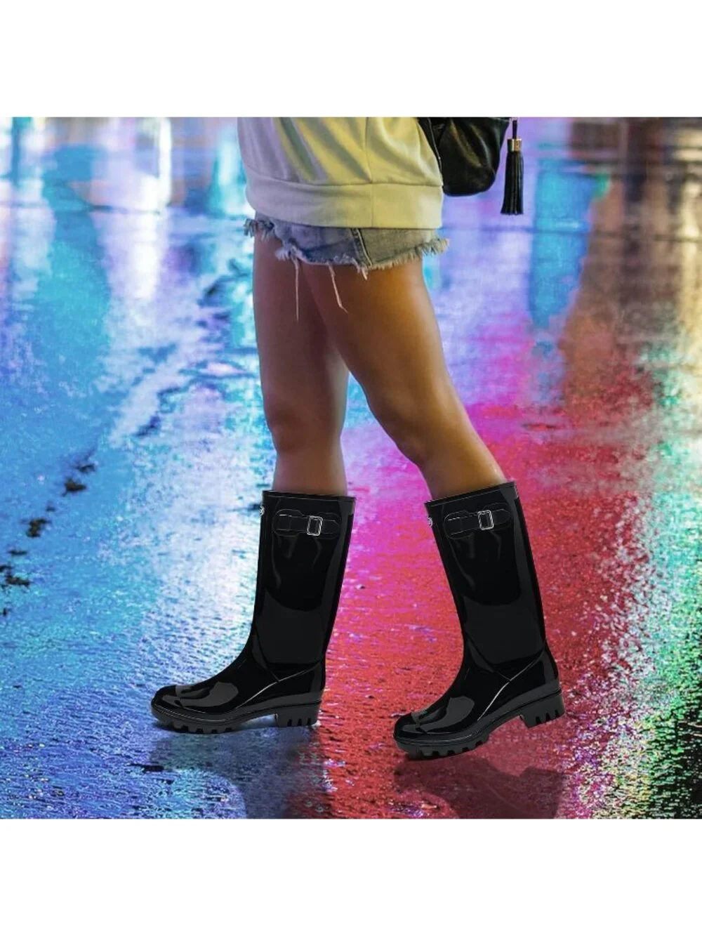 Women's Bright Black Tall Waterproof Rain Boots Rubber Wide Calf Garden Boots